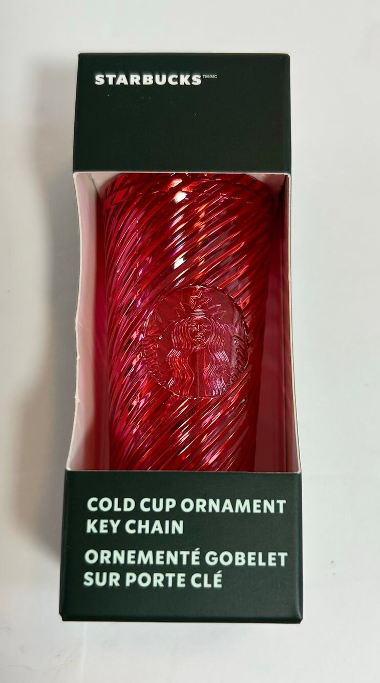 New! Starbucks Cold Cup Christmas Holiday Ornament/Keychain in Red Swirl 2024